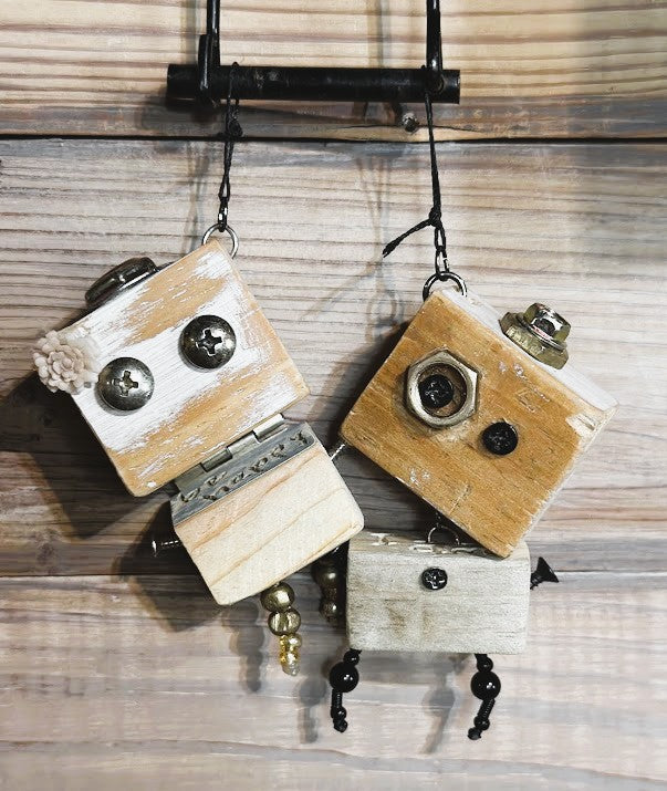 Madame Bijoux and Frederick — Reclaimed Wood Robot Keychain Set