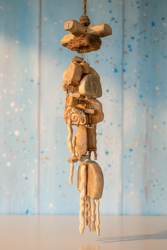 Hand-Carved Coastal Wood Mobile - Jellyfish and Shells - Reclaimed Wood Chimes