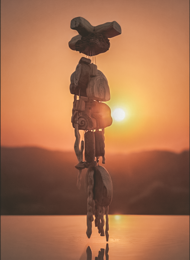 Hand-Carved Coastal Wood Mobile - Jellyfish and Shells - Reclaimed Wood Chimes