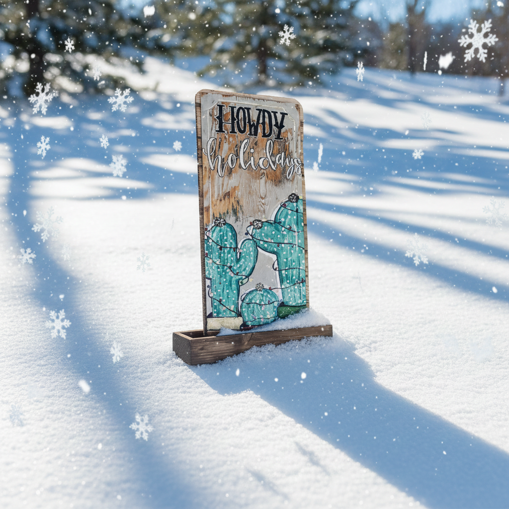 Howdy Holidays Western Cactus Wood Sign – Boho Christmas Decor