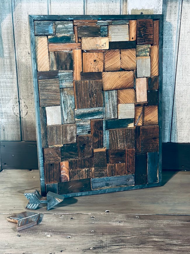 Denim & Pearls Reclaimed Wood Mosaic – Framed Wall Art