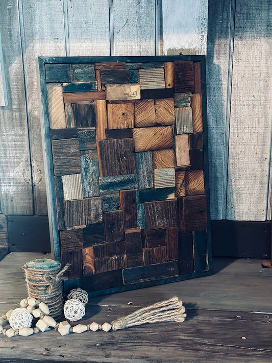 Denim & Pearls Reclaimed Wood Mosaic – Framed Wall Art