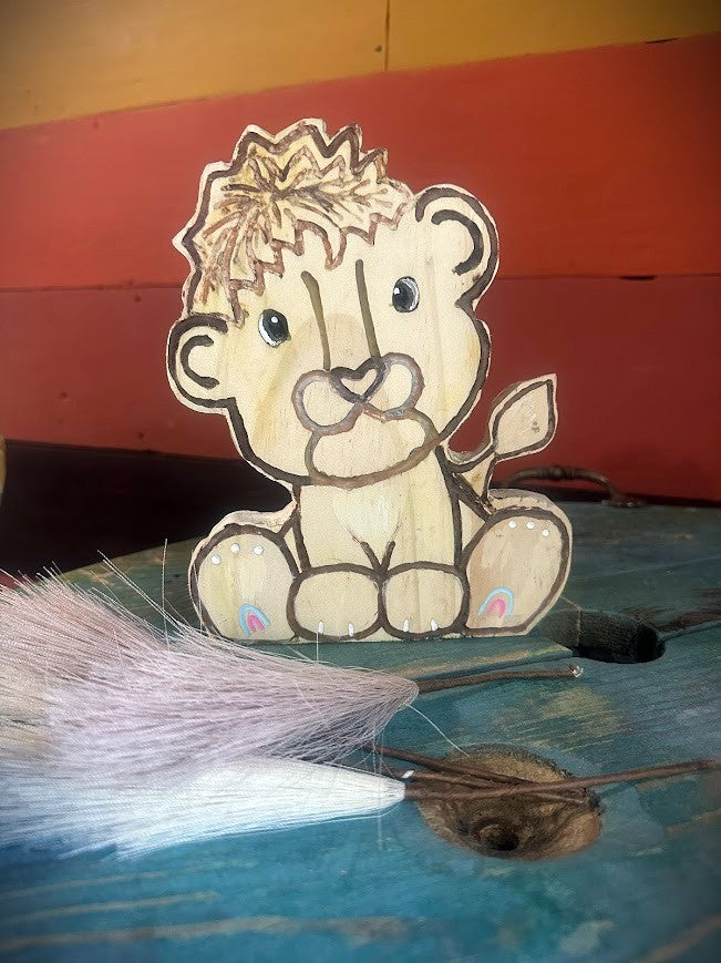 Hand-Carved Wooden Lion Cub Shelf Sitter - Safari Nursery Decor