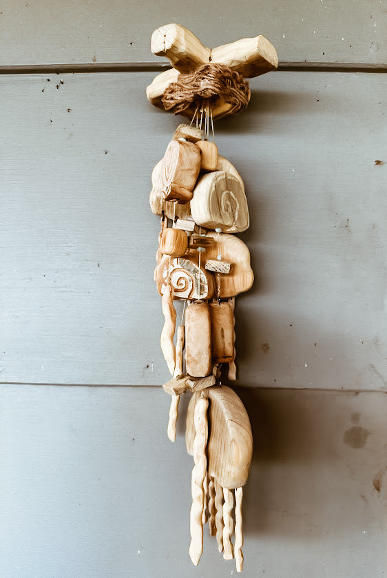 Hand-Carved Coastal Wood Mobile - Jellyfish and Shells - Reclaimed Wood Chimes