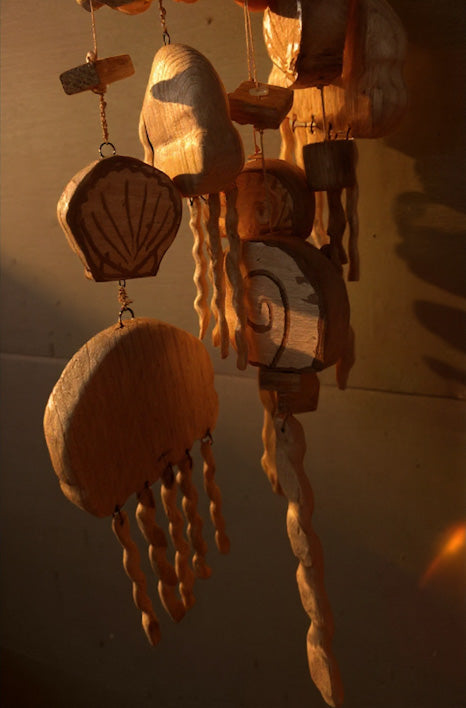 Hand-Carved Coastal Wood Mobile - Jellyfish and Shells - Reclaimed Wood Chimes