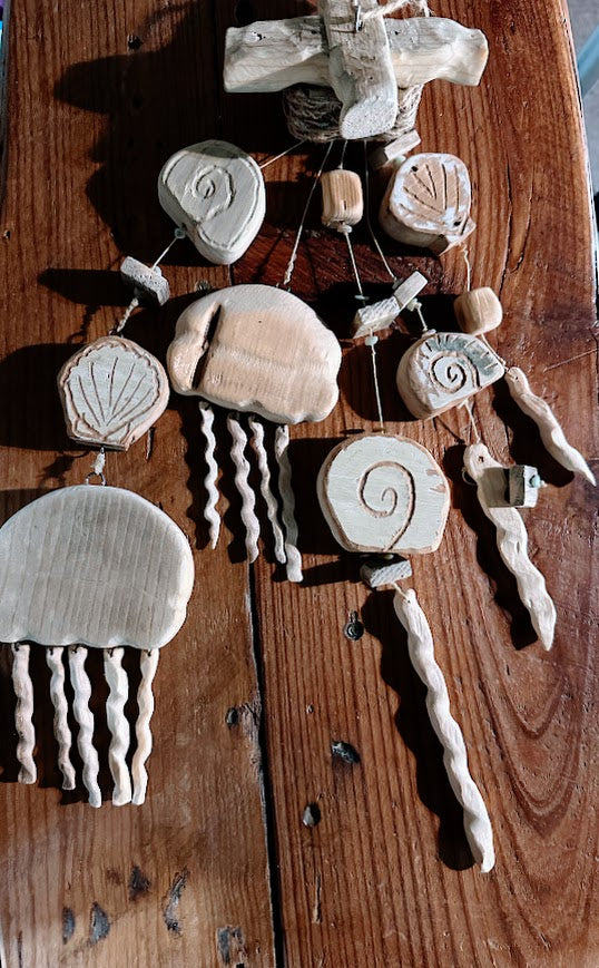 Hand-Carved Coastal Wood Mobile - Jellyfish and Shells - Reclaimed Wood Chimes