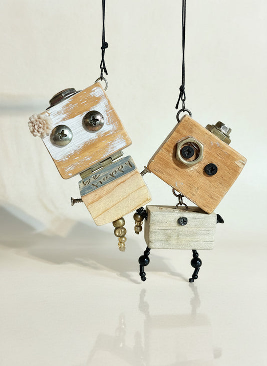 Madame Bijoux and Frederick — Reclaimed Wood Robot Keychain Set