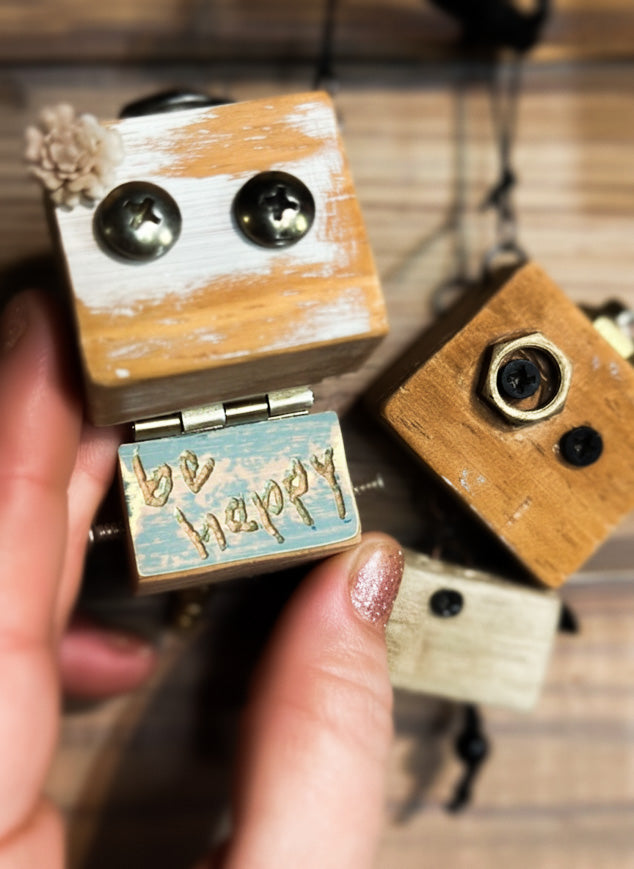 Madame Bijoux and Frederick — Reclaimed Wood Robot Keychain Set