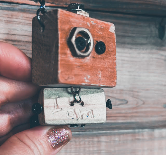 Madame Bijoux and Frederick — Reclaimed Wood Robot Keychain Set
