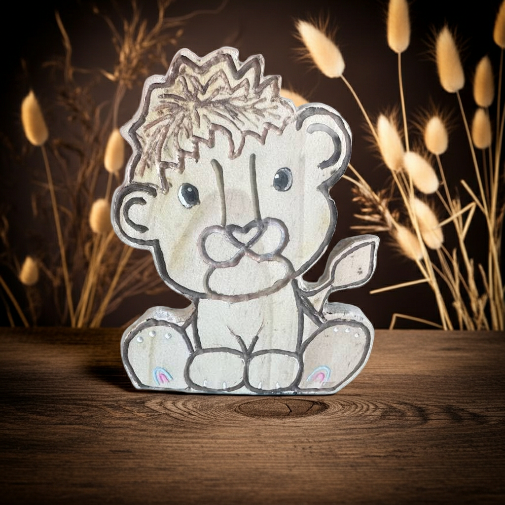 Hand-Carved Wooden Lion Cub Shelf Sitter - Safari Nursery Decor