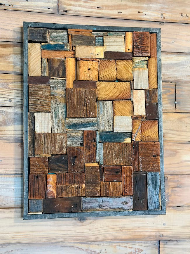 Denim & Pearls Reclaimed Wood Mosaic – Framed Wall Art