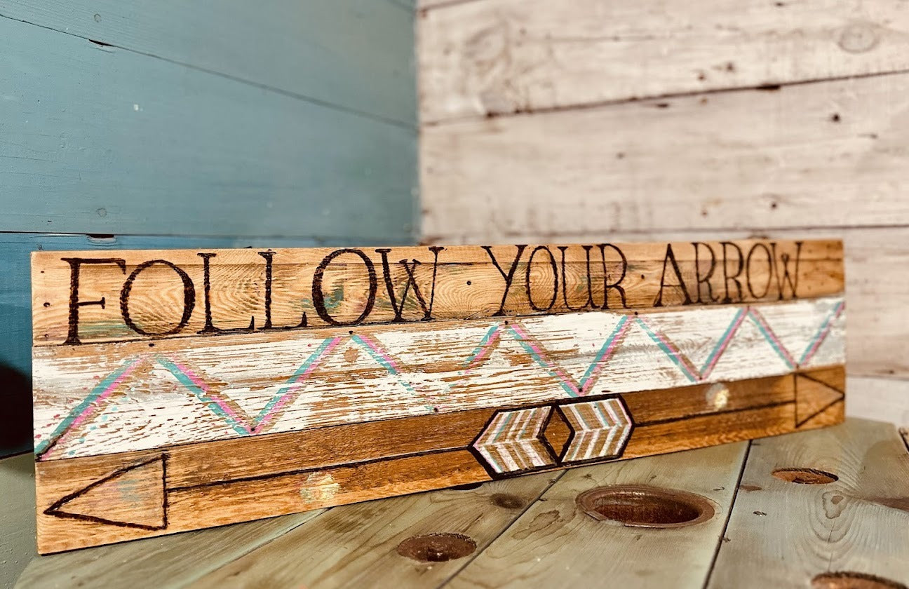 Follow Your Arrow Wood Wall Sign – Hand-Painted Rustic Decor