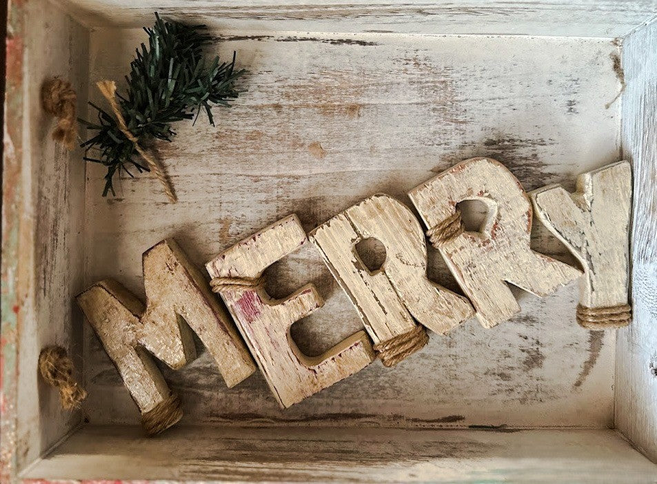 MERRY Hand-Carved Wood Block Letters – Rustic Christmas Decor