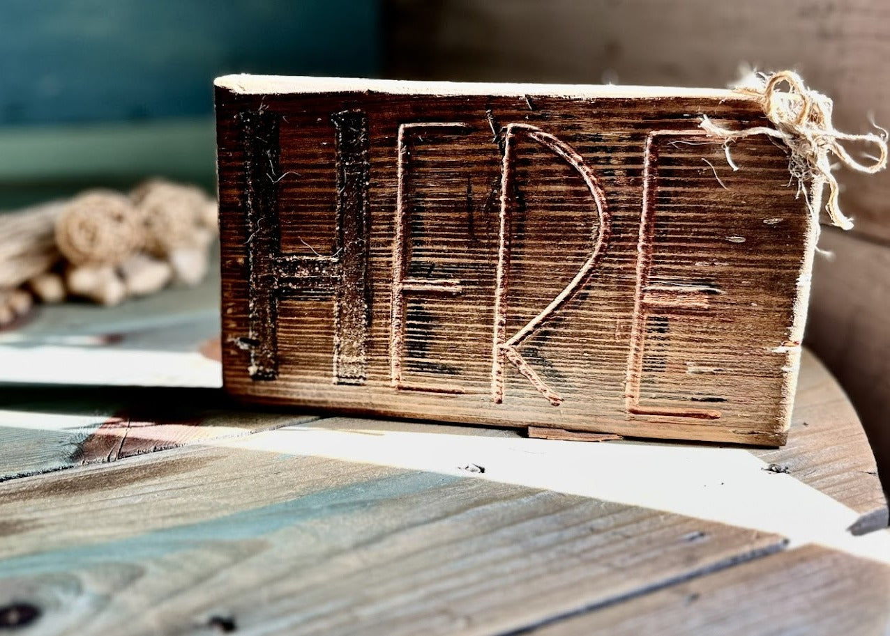 HERE Hand-Carved Wood Shelf Sitter Sign
